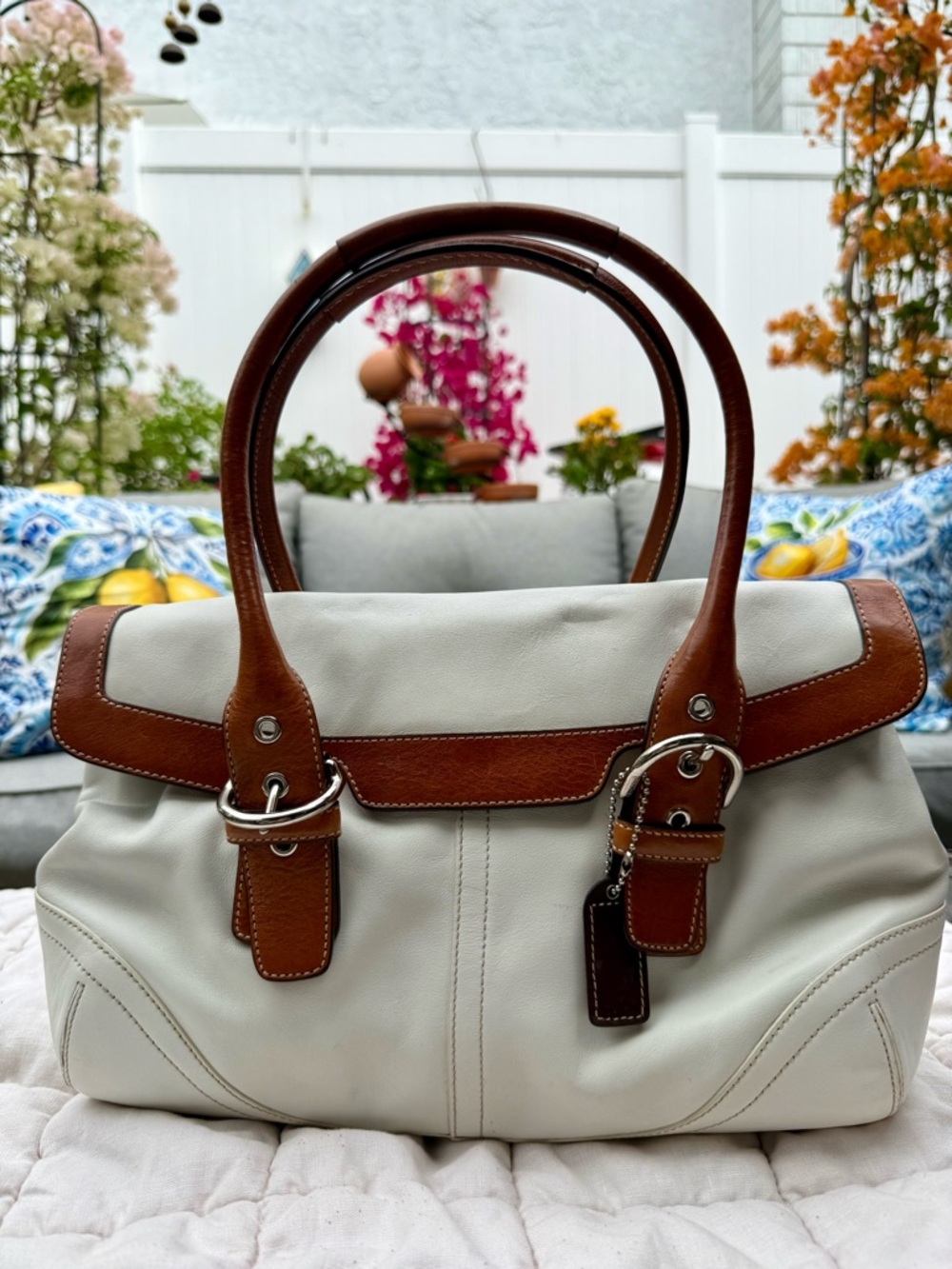 Coach Cream Satchel with Brown Leather Trim